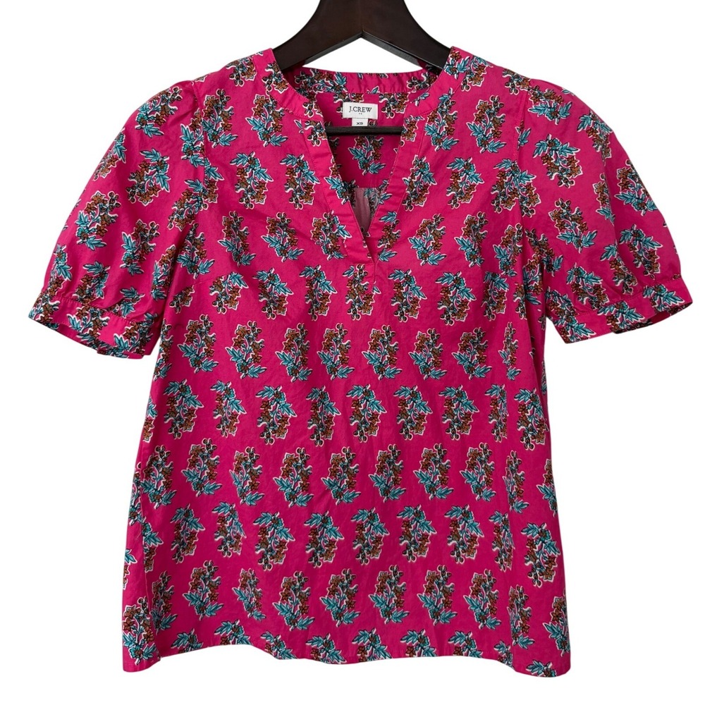J.Crew Short Sleeve Poplin Top Pink Floral Puff Sleeve V-Neck Top CA199 Size XS